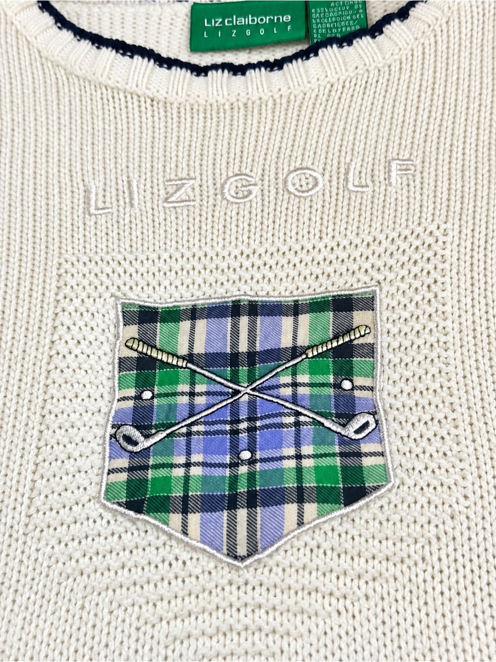 Liz Claiborne LIZGOLF Cream Golf Sweater Plaid Crest Navy Green Preppy Vintage